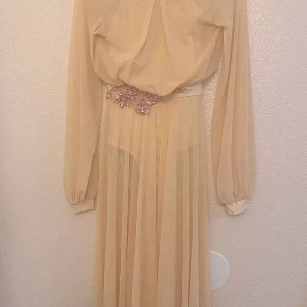 Custom solo dance costume lyrical mesh dress rhinestone ivory yellow illusion LC